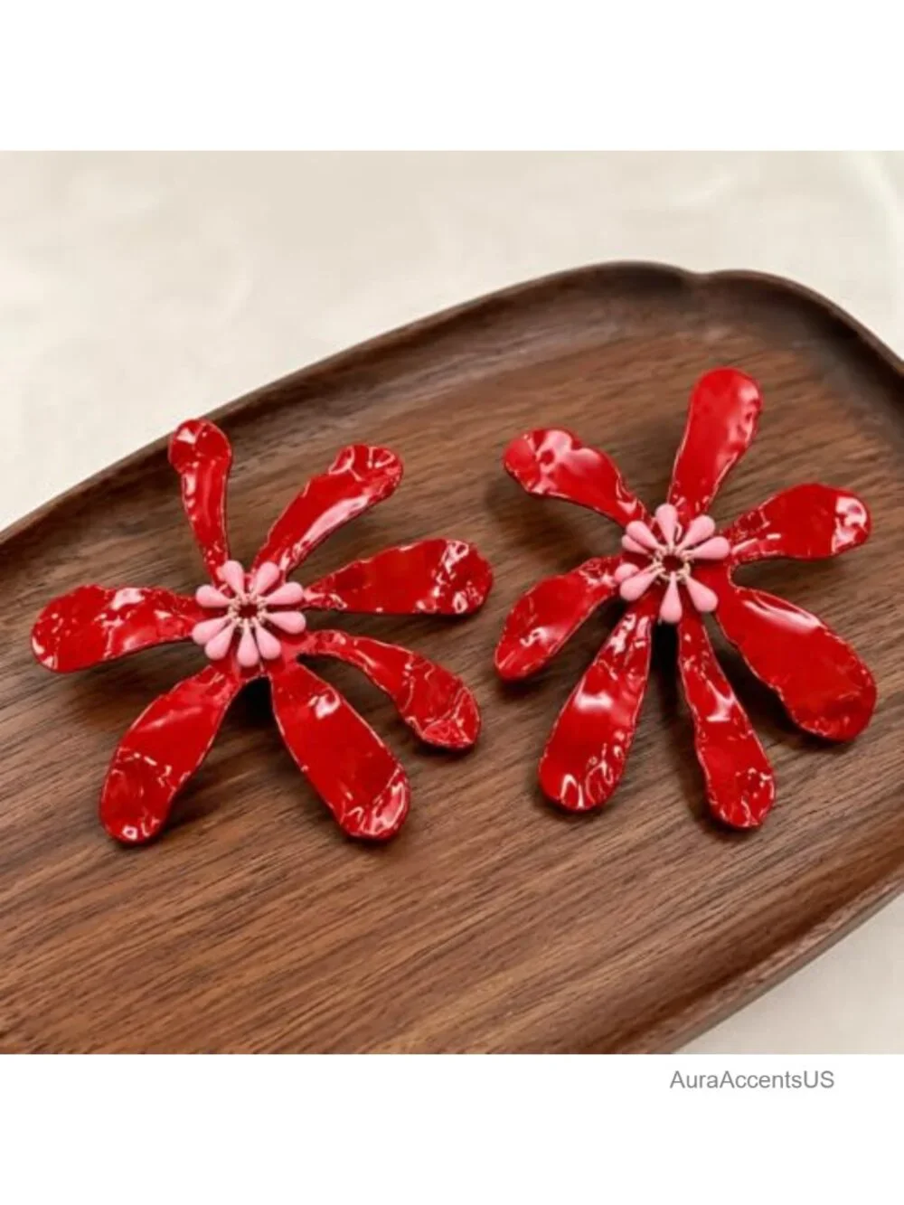 Oversized Red Floral Drop Earrings for Women, Bold Statement Earrings